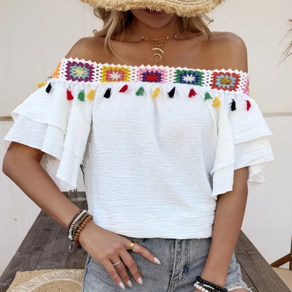 White Off-the-Shoulder Flutter Sleeve Blouse